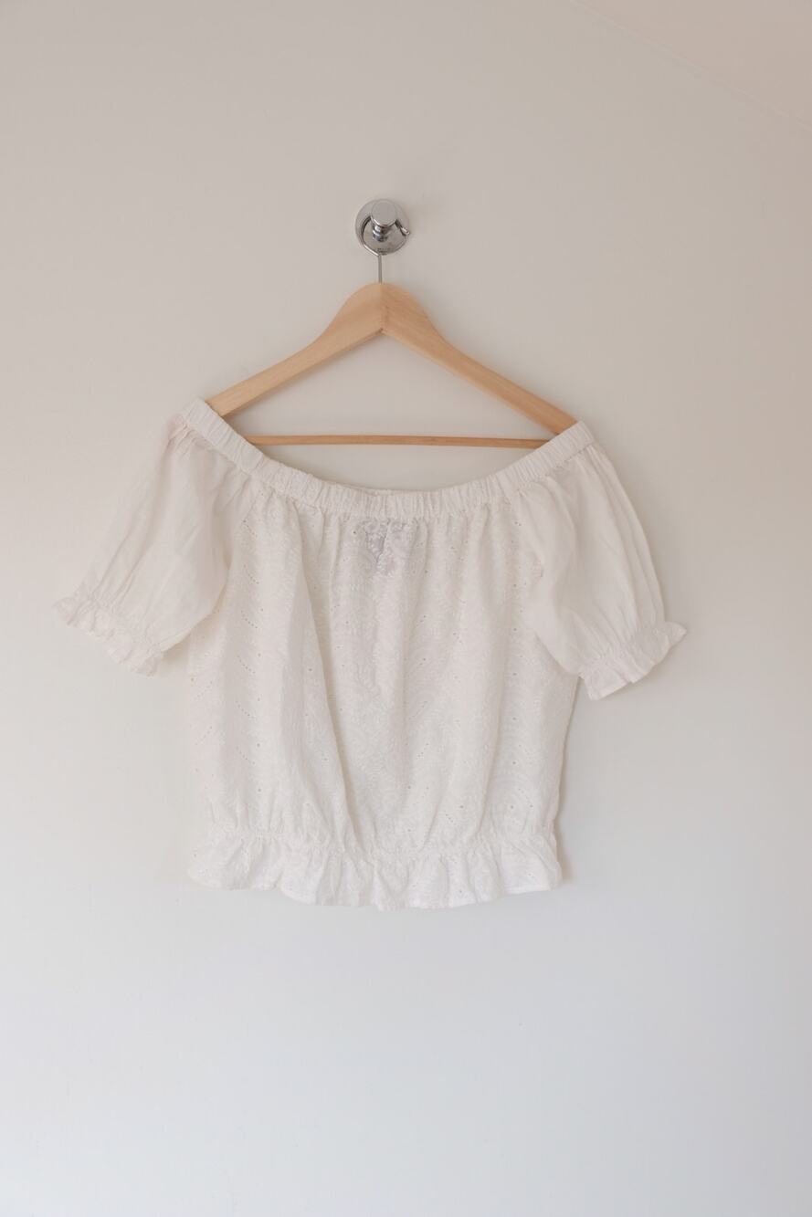 Wrangler Retro White Eyelet Off Shoulder Crop Top Cottagecore Western Festival S